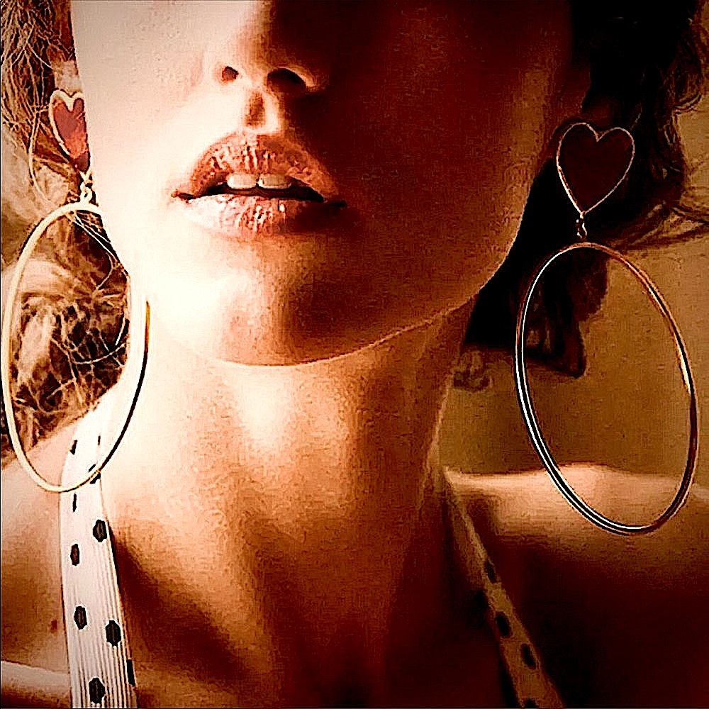 Large Gold hoops with red Acrylic hears hearts NWT